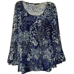 BIYAYCDA Vintage Long Sleeve Blouse‎ Blue Black Statement V-neck Top Size 1X